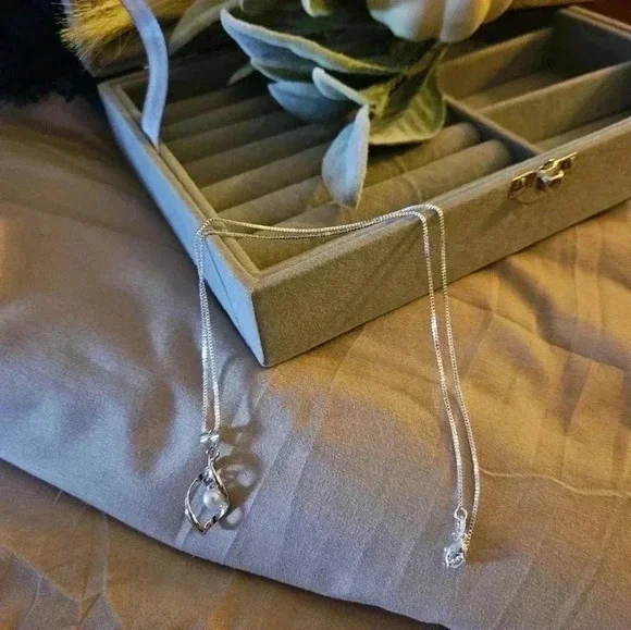 925 Sterling silver pearl pendant necklace, snake chain. - Picture 2 of 5